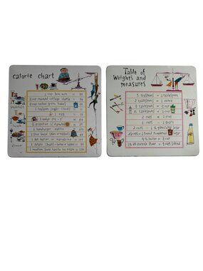 2 Gamble-Skogmo Tin Coasters Hot Pad Weight & Calorie Charts Kitchen Art Vtg 50s